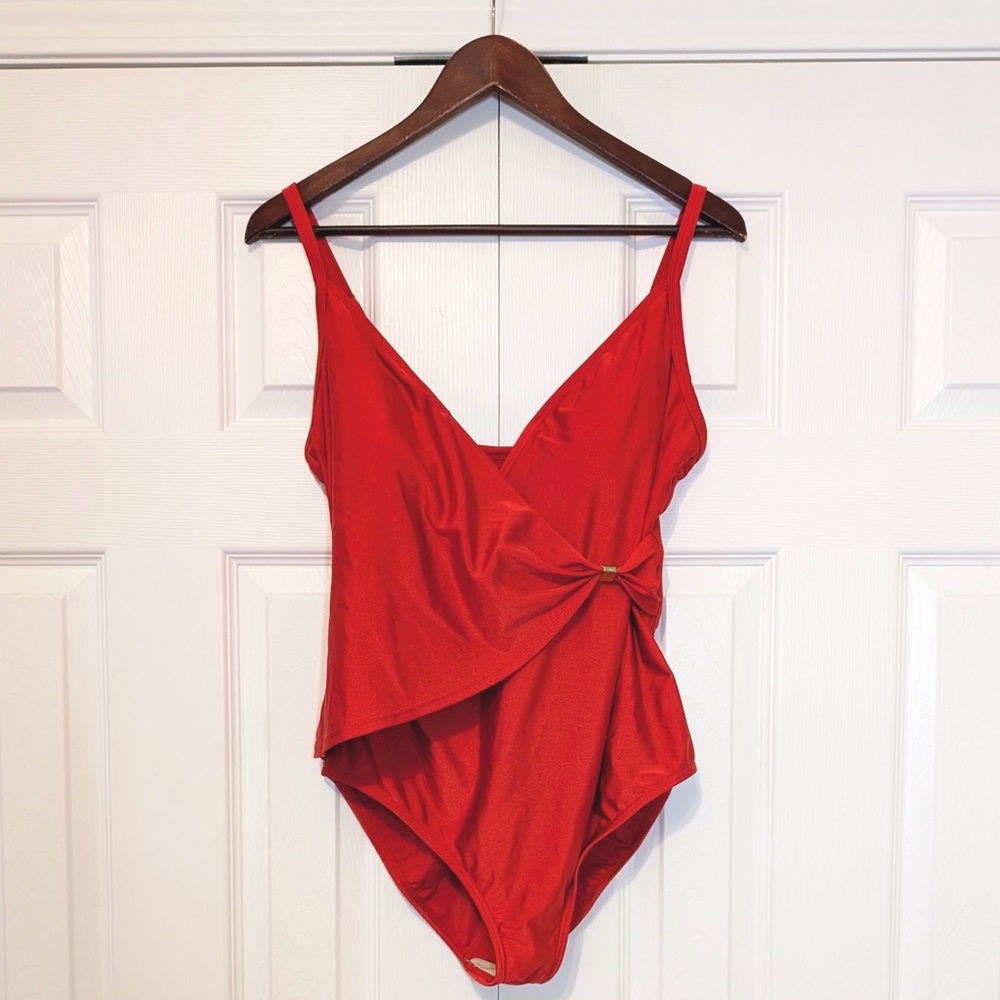 Real Y2K Vintage Simon Chang Wrap Red One Piece Swimsuit w Gold Detail Size 14